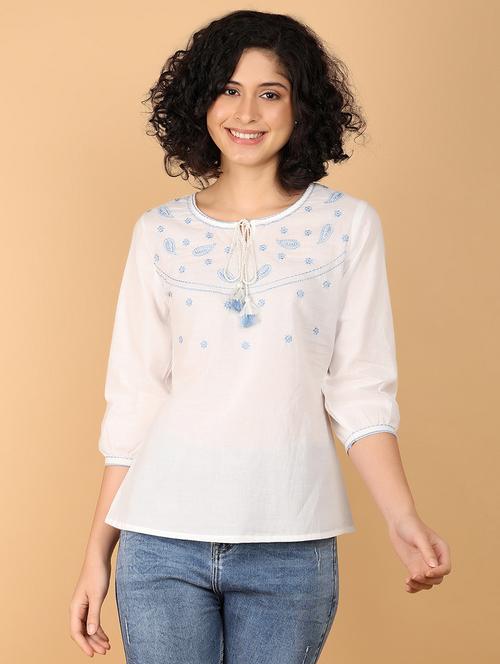 women emmbroidered tie up neck top - 21159629 -  Standard Image - 0