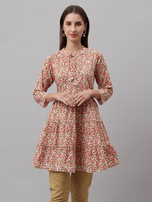 beige cotton blend aline kurti - 21161232 - Standard Image - 0