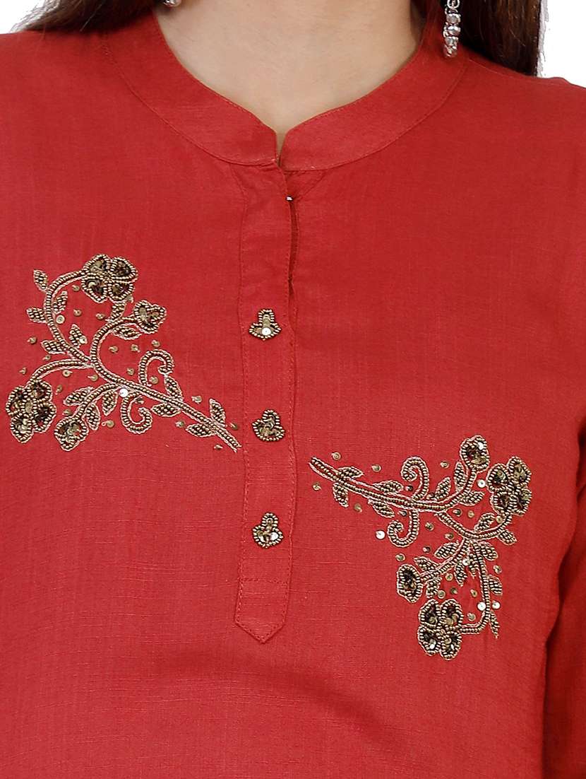 red embellished straight kurti - 21161251 -  Standard Image - 4