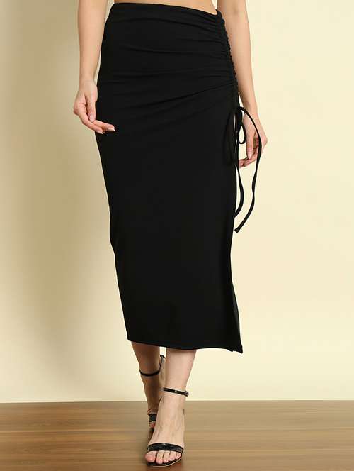solid black polyester ruched skirt