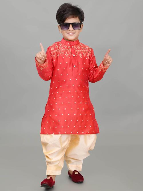 boys mandarin neck embroidered dholti kurt set - 21161296 - Standard Image - 0