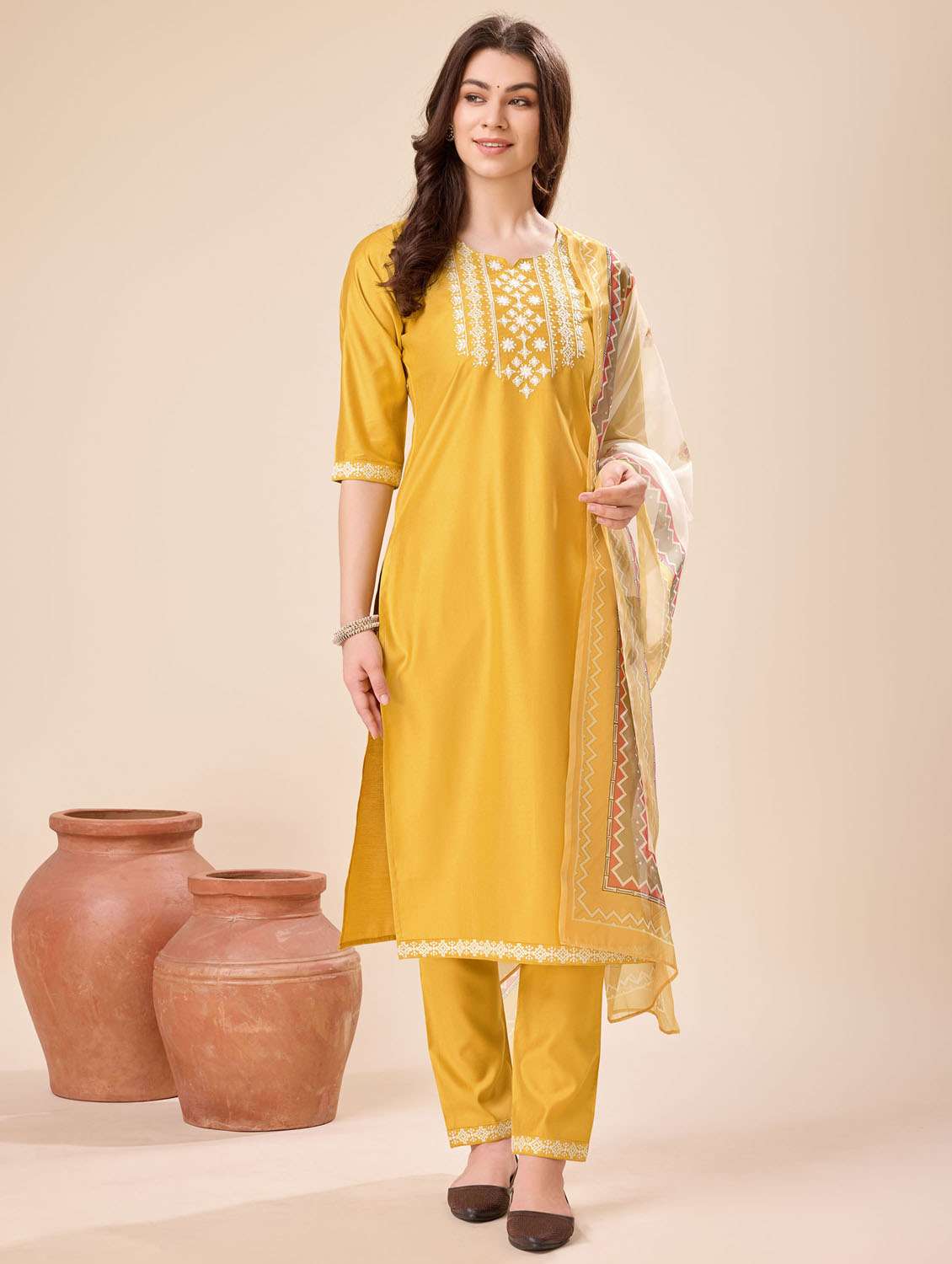 women three quarter sleeve kurta pant with dupatta set