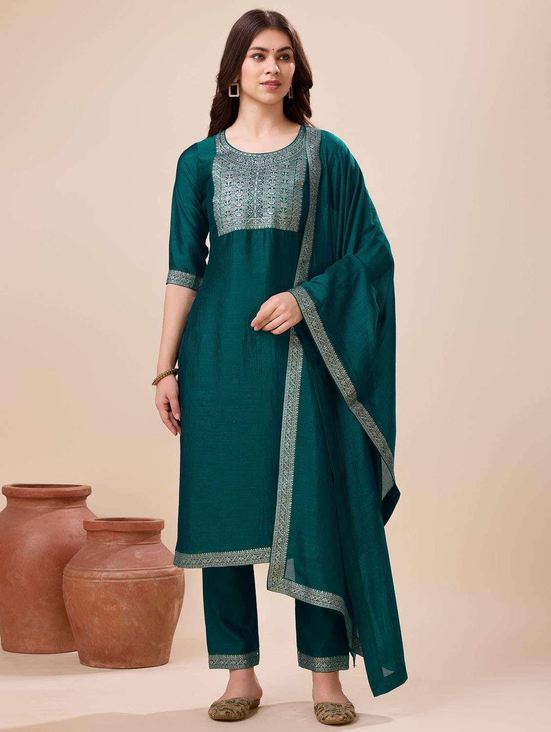 women three quarter sleeve kurta pant with dupatta set
