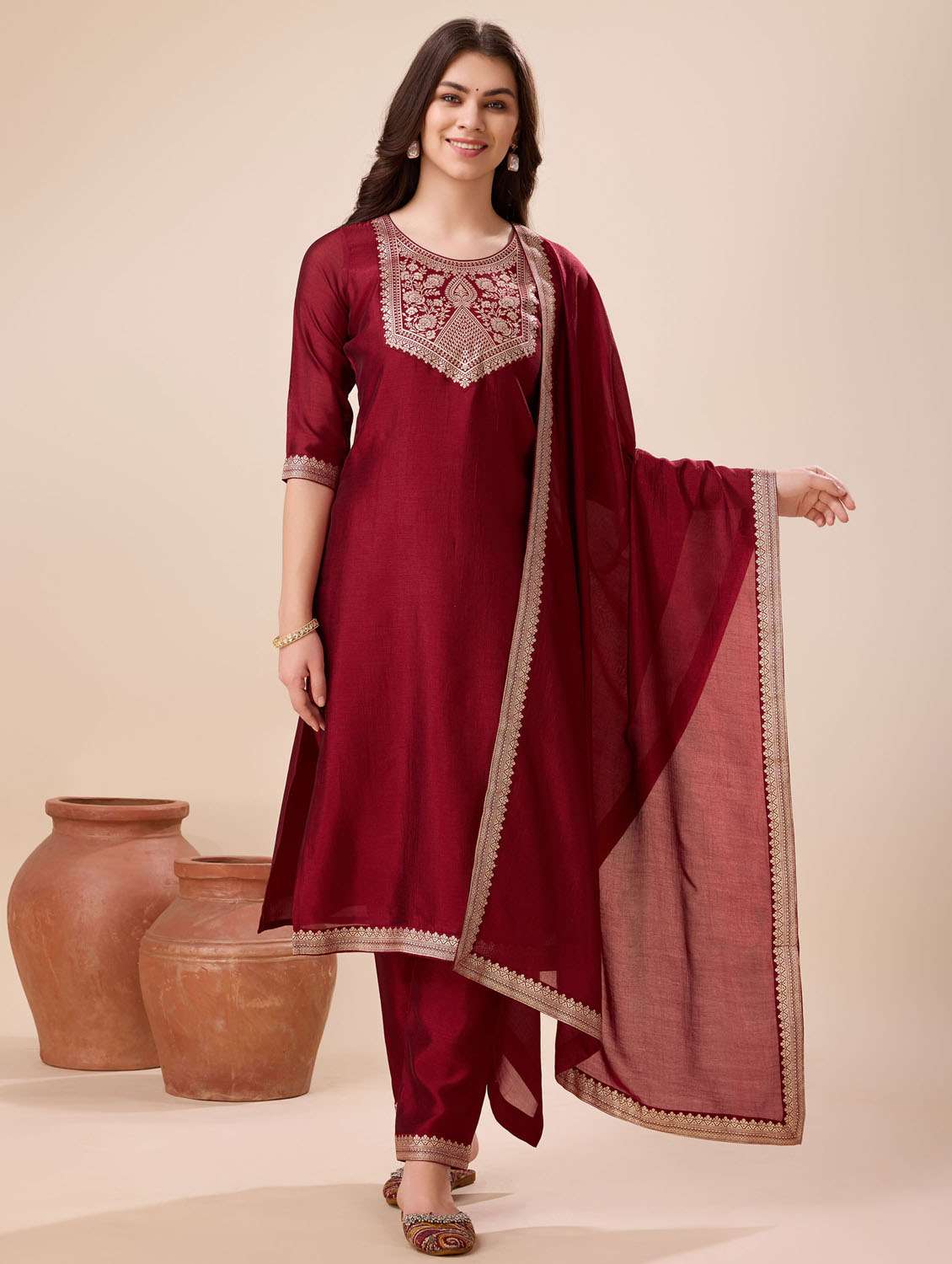 women three quarter sleeve kurta pant with dupatta set