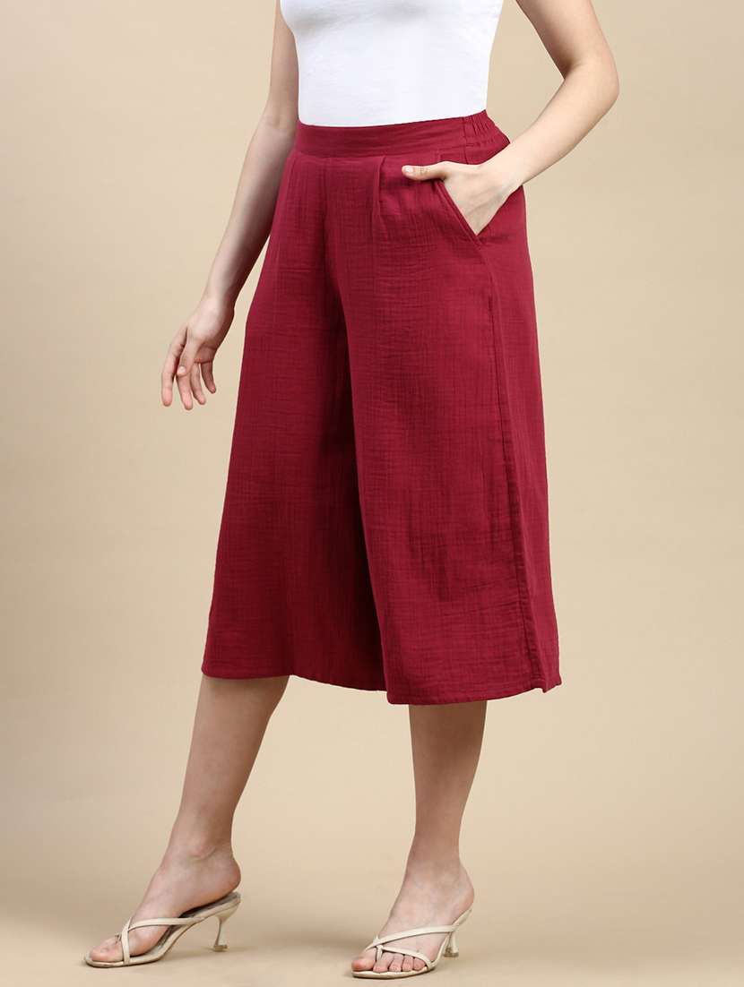 maroon cotton culottes trouser - 21162021 -  Standard Image - 1