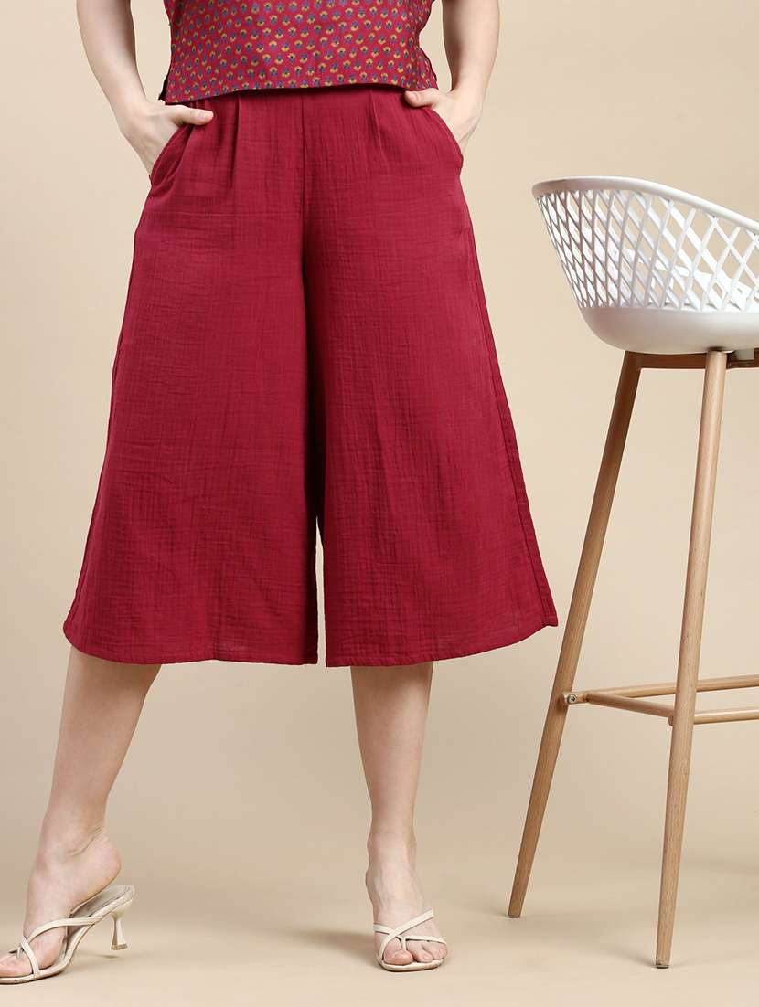 maroon cotton culottes trouser - 21162021 - Standard Image - 4