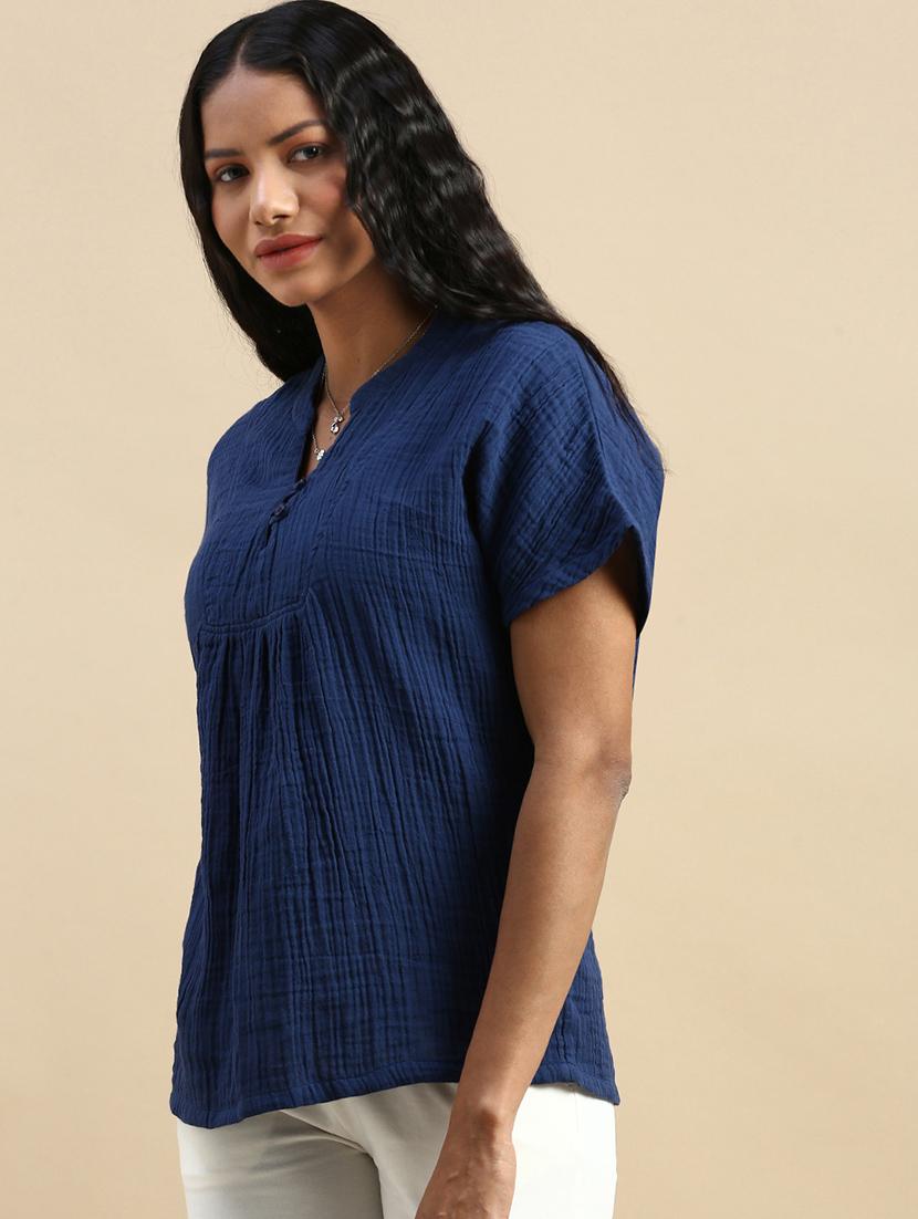 solid navy blue cotton regular top - 21162043 - Standard Image - 1