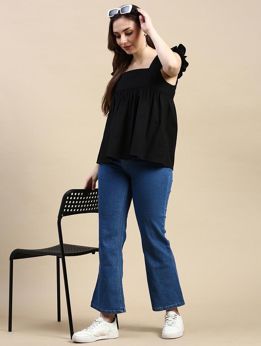 solid black cotton casual top - 21162050 - Standard Image - 4
