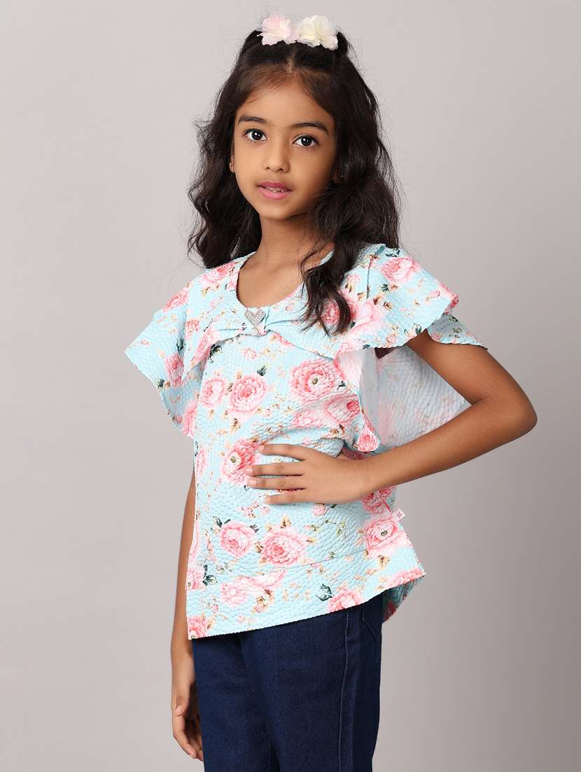 girls green floral printed top