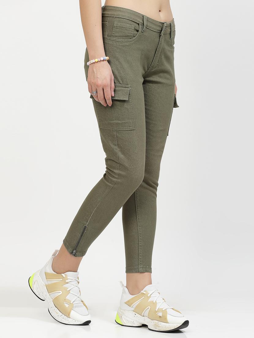 women solid olive green cotton blend cargos - 21167363 - Standard Image - 1