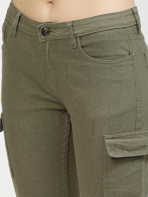 women solid olive green cotton blend cargos - 21167363 - Standard Image - 4