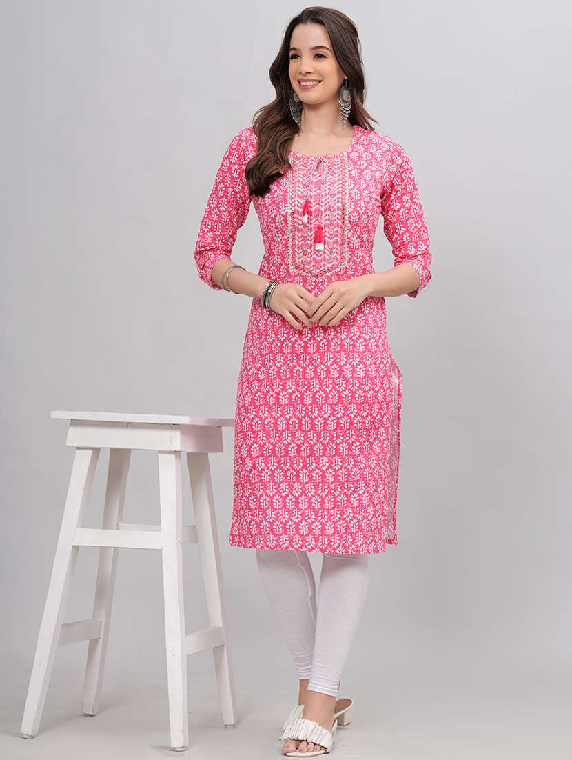 women pink three quarter sleeve straight kurta