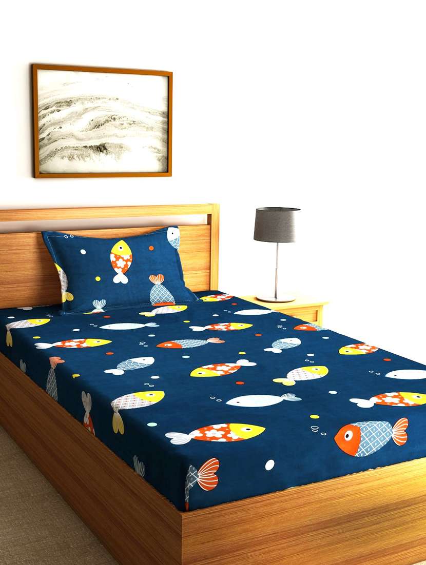 home sizzler 144 tc microfibre kid's fishes single bedsheet with 1 pillow cover, blue