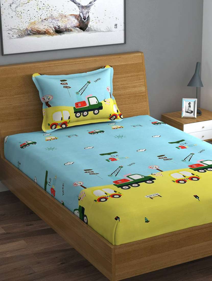 home sizzler 144tc kid's truck light green single bedsheet with 1 pillow cover