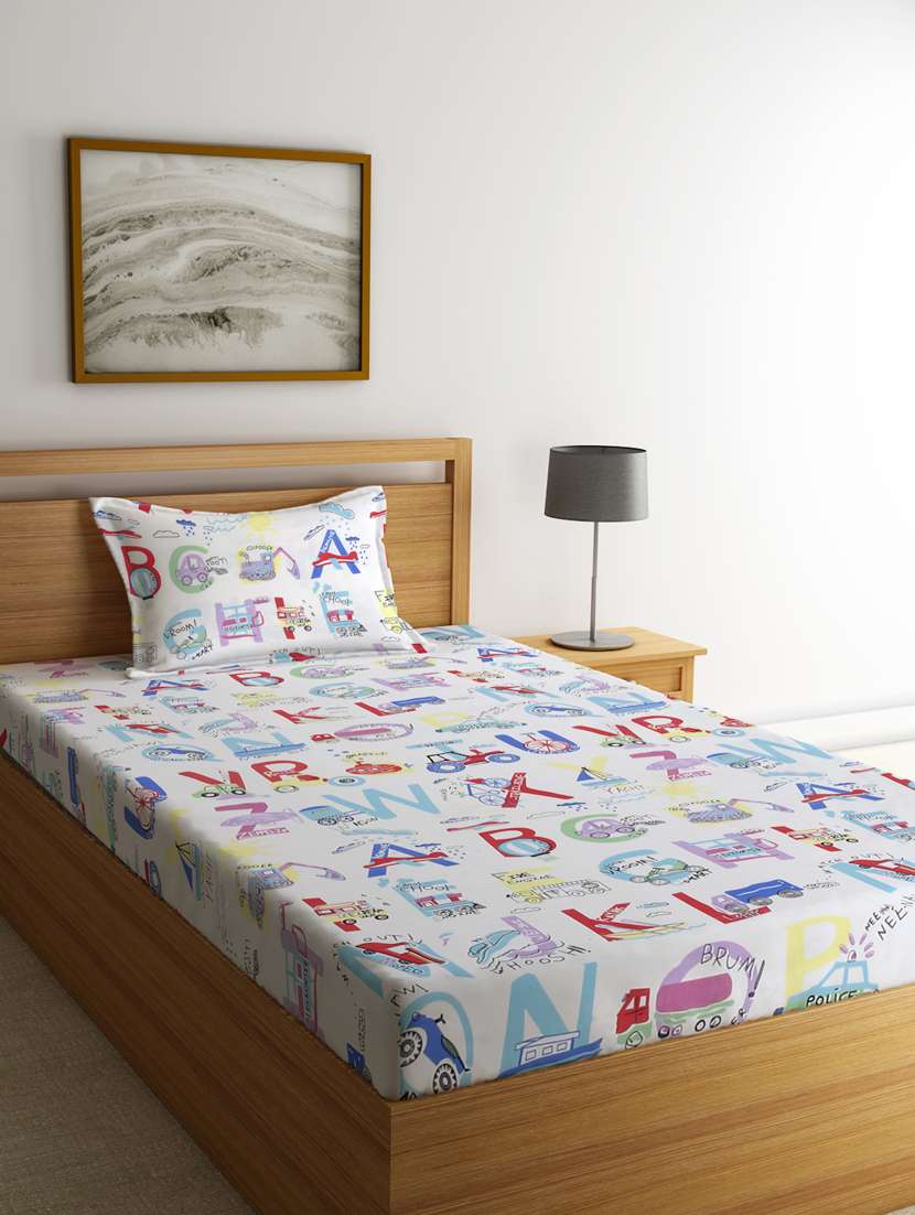 home sizzler 144tc microfibre kid's alphabetical cartoon single bedsheet with 1 pillow cover