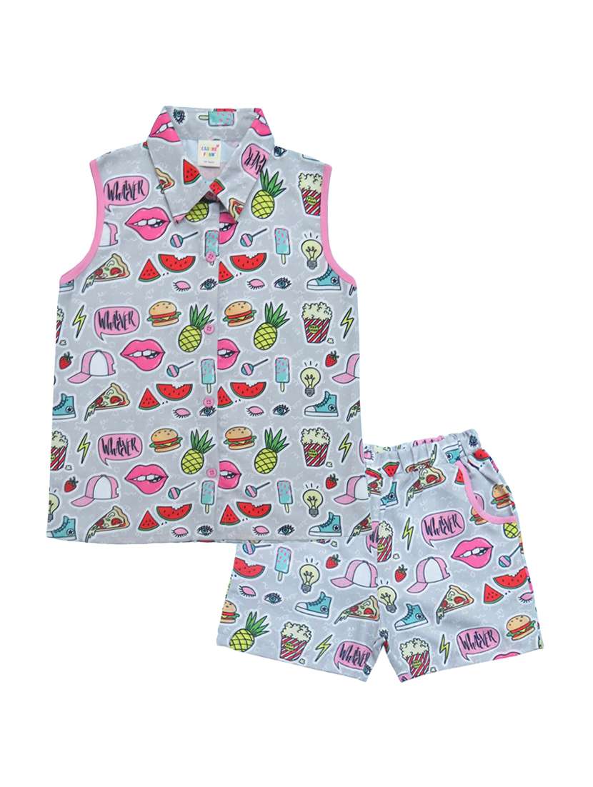 girls quirky printed collared shorts set