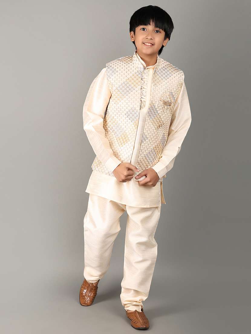peach self design sherwani kurta set