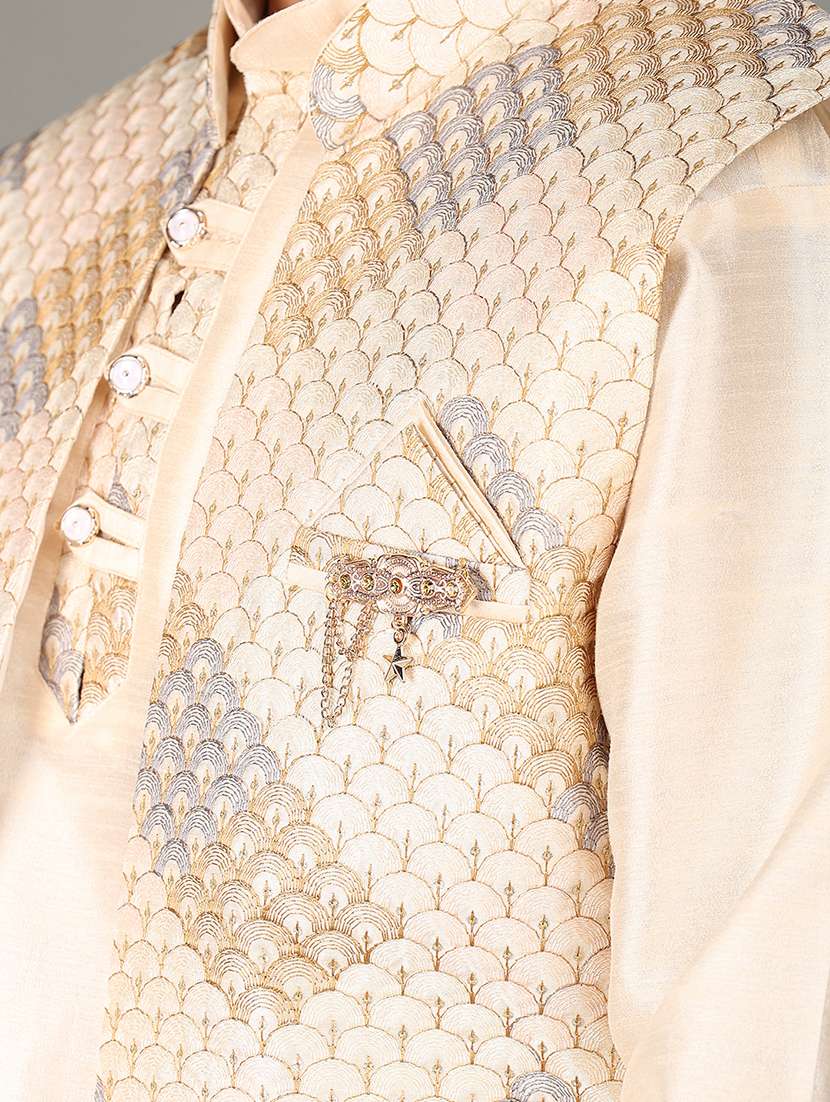 peach self design sherwani kurta set - 21168943 -  Standard Image - 6