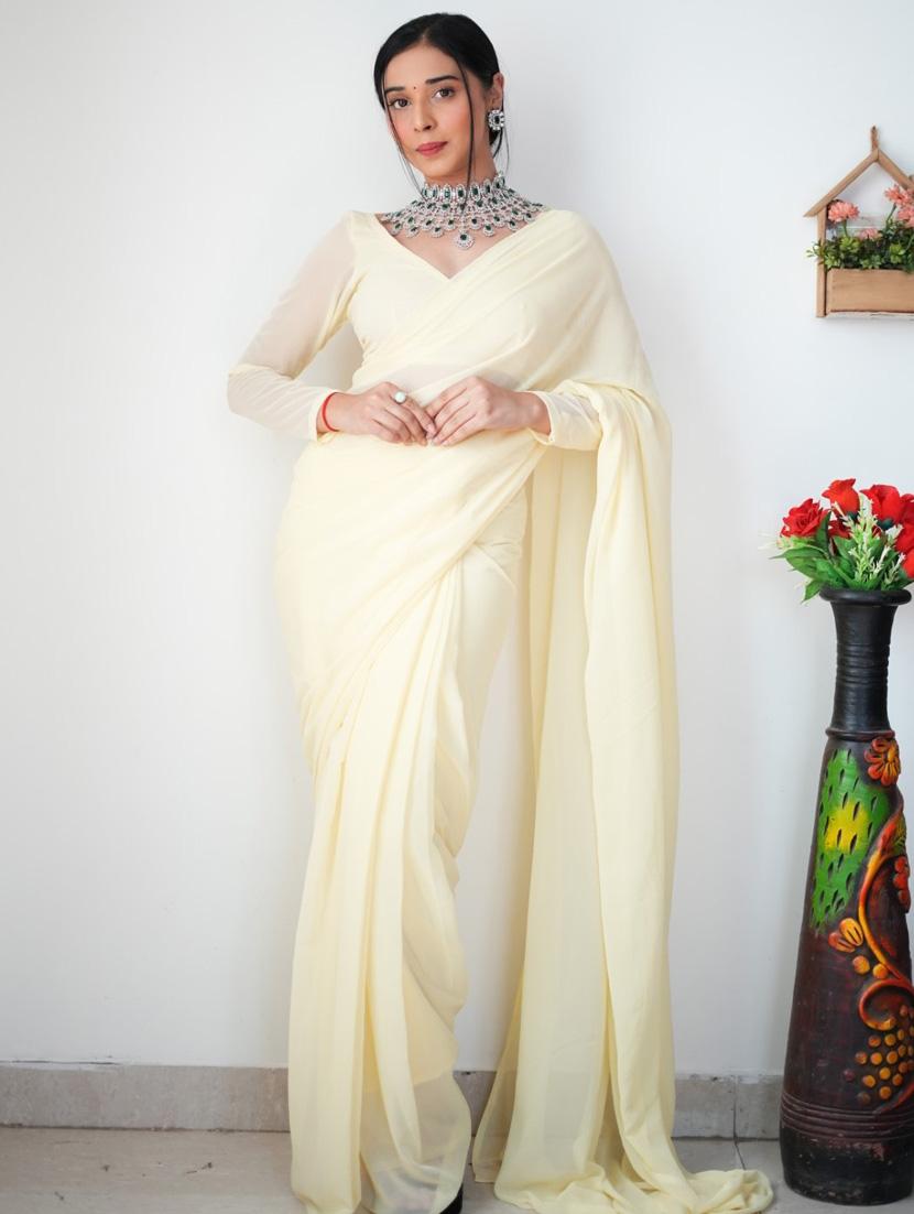 women cream solid georgette saree - 21169106 - Standard Image - 1