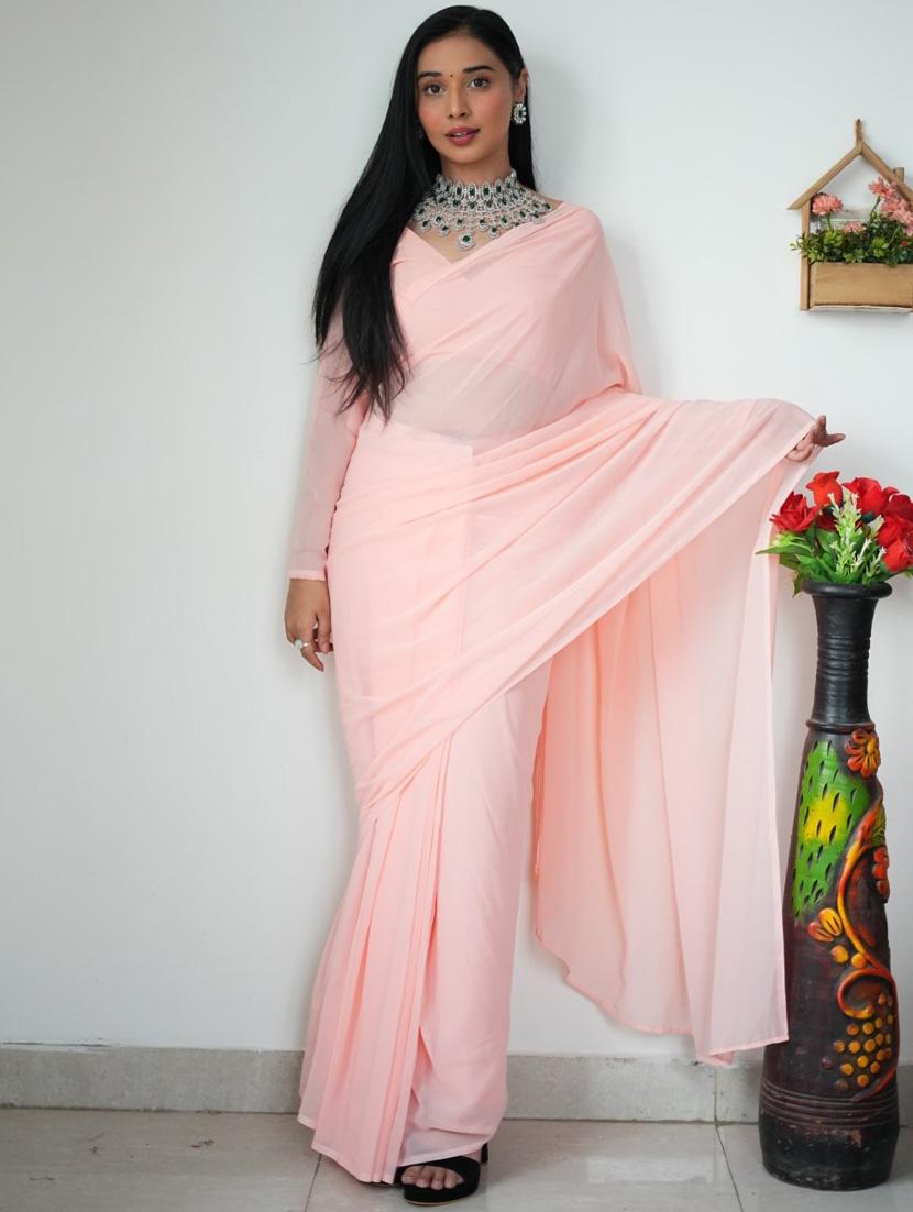 women pink solid georgette saree with blouse - 21169109 - Standard Image - 1