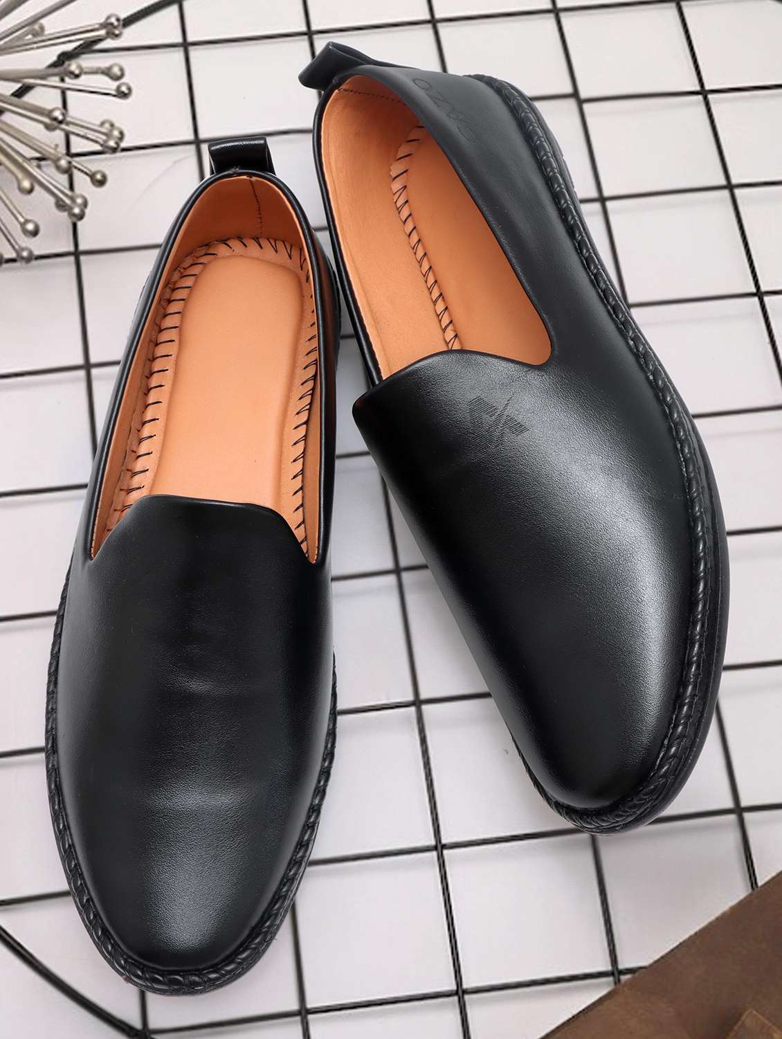black leatherette slip on moccasins