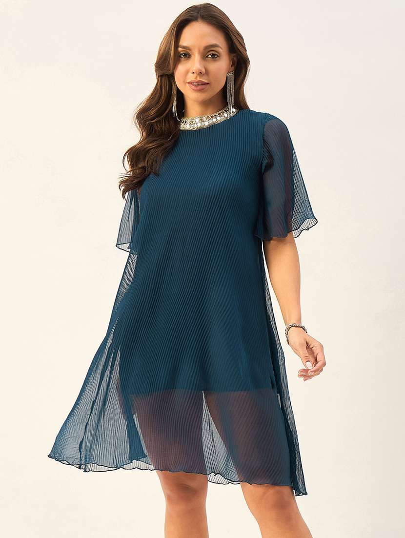 teal blue polyester a-line dress