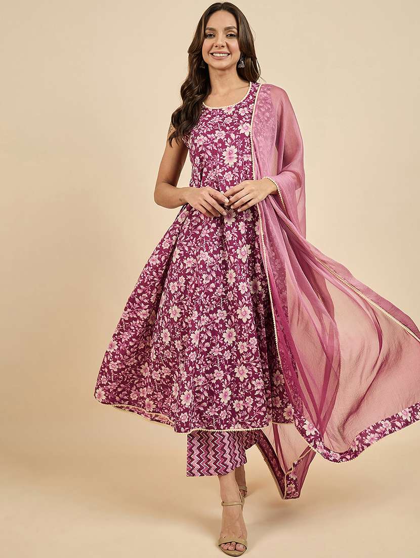 women purple anarkali kurta palazzo set with dupatta