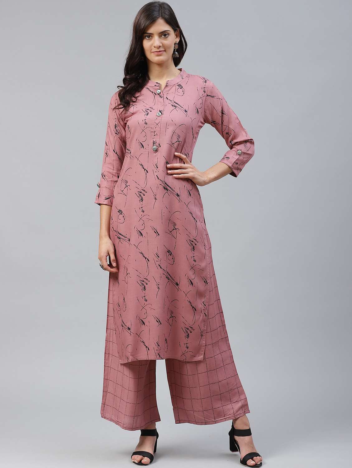 women printed mandarin neck kurta palazzo set - 21171160 - Standard Image - 1