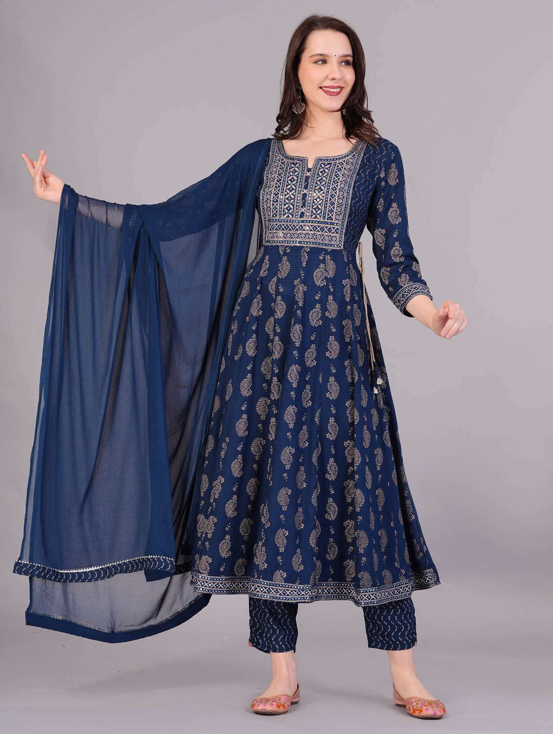 women three quarter sleeve anarkali kurta pant with dupatta set