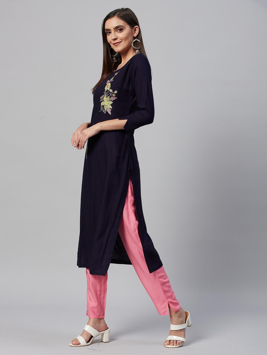 navy blue embroidered kurta pant set - 21171570 -  Standard Image - 1