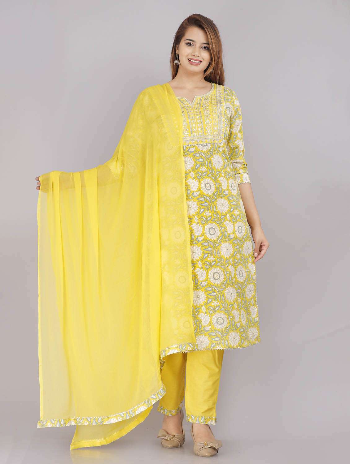 women three quarter sleeve kurta pant with dupatta set