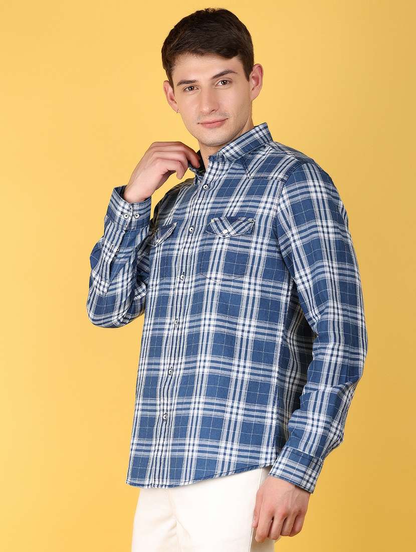 men navy blue regular fitr checkered casual shirt - 21172239 -  Standard Image - 1