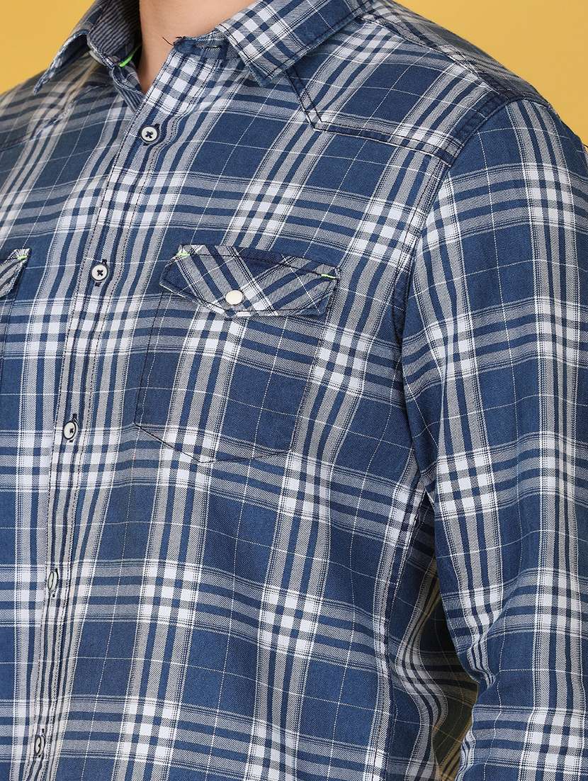 men navy blue regular fitr checkered casual shirt - 21172239 -  Standard Image - 4