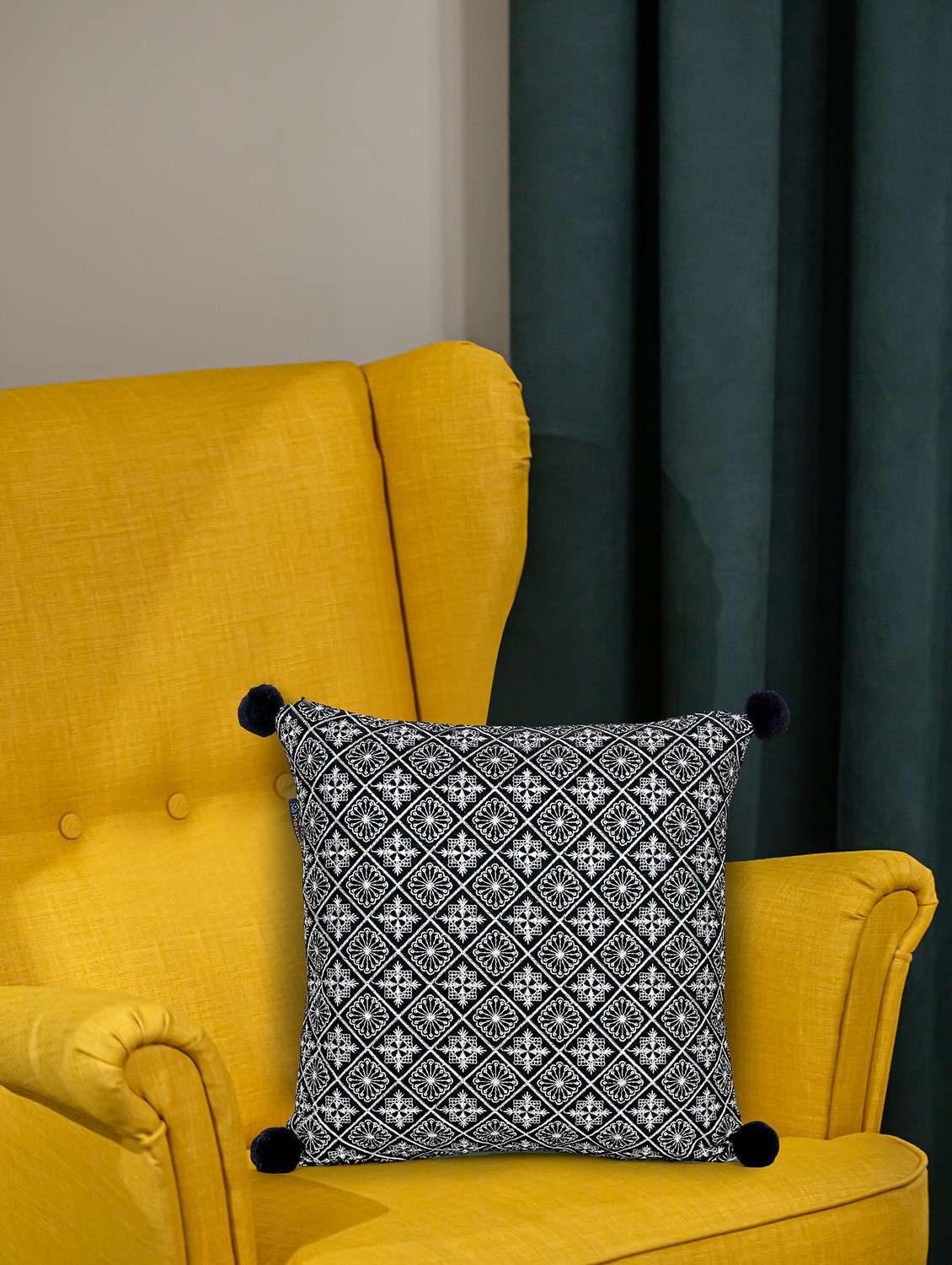 mezposh black & multi harlequin embroidered velvet & faux silk cushion cover (16"x16")