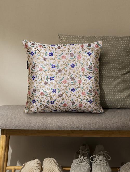 mezposh cream & multi floral embroidered faux silk cushion cover (16"x16") - 21172649 -  Standard Image - 0