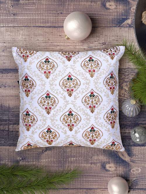 mezposh white, gold & multi damask embroidered faux silk cushion cover (16"x16")