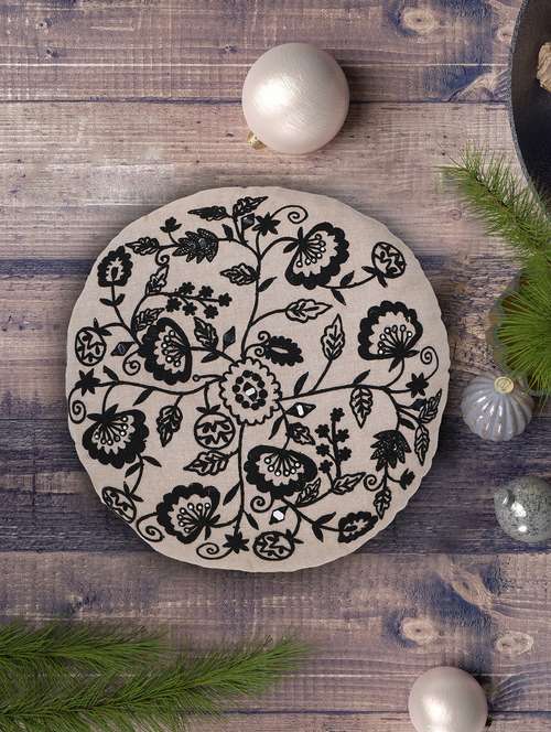 mezposh beige & black floral embroidered chambray canvas cushion cover (16 inch dia) - 21172652 - Standard Image - 0