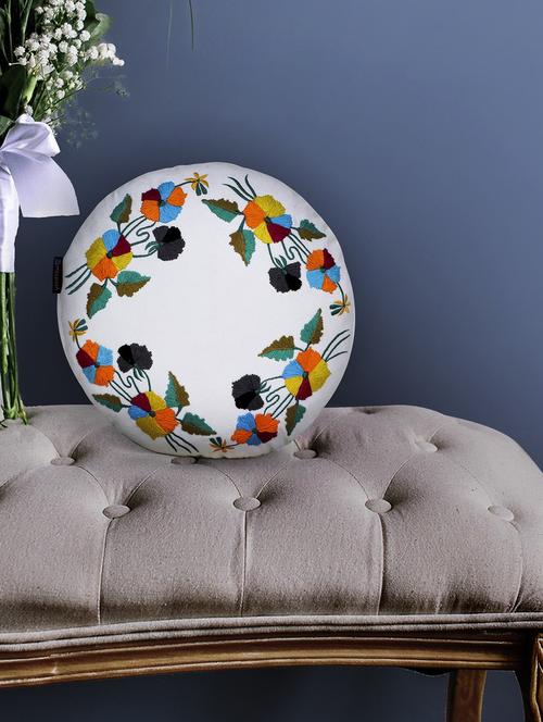 mezposh white & multi floral embroidered cotton canvas cushion cover (16 inch dia) - 21172653 - Standard Image - 0