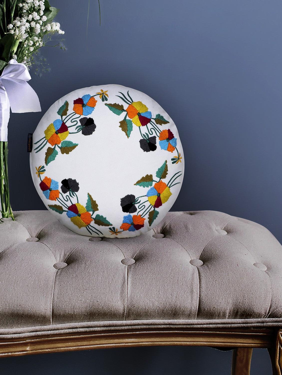 mezposh white & multi floral embroidered cotton canvas cushion cover (16 inch dia) - 21172653 - Zoom Image - 0