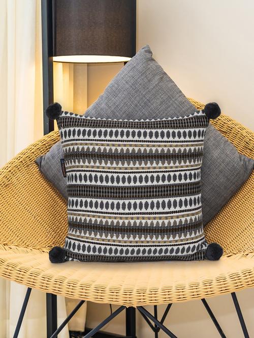 mezposh natural & grey aztec self design cotton lurex jacquard cushion cover (16"x16") - 21172657 - Standard Image - 0