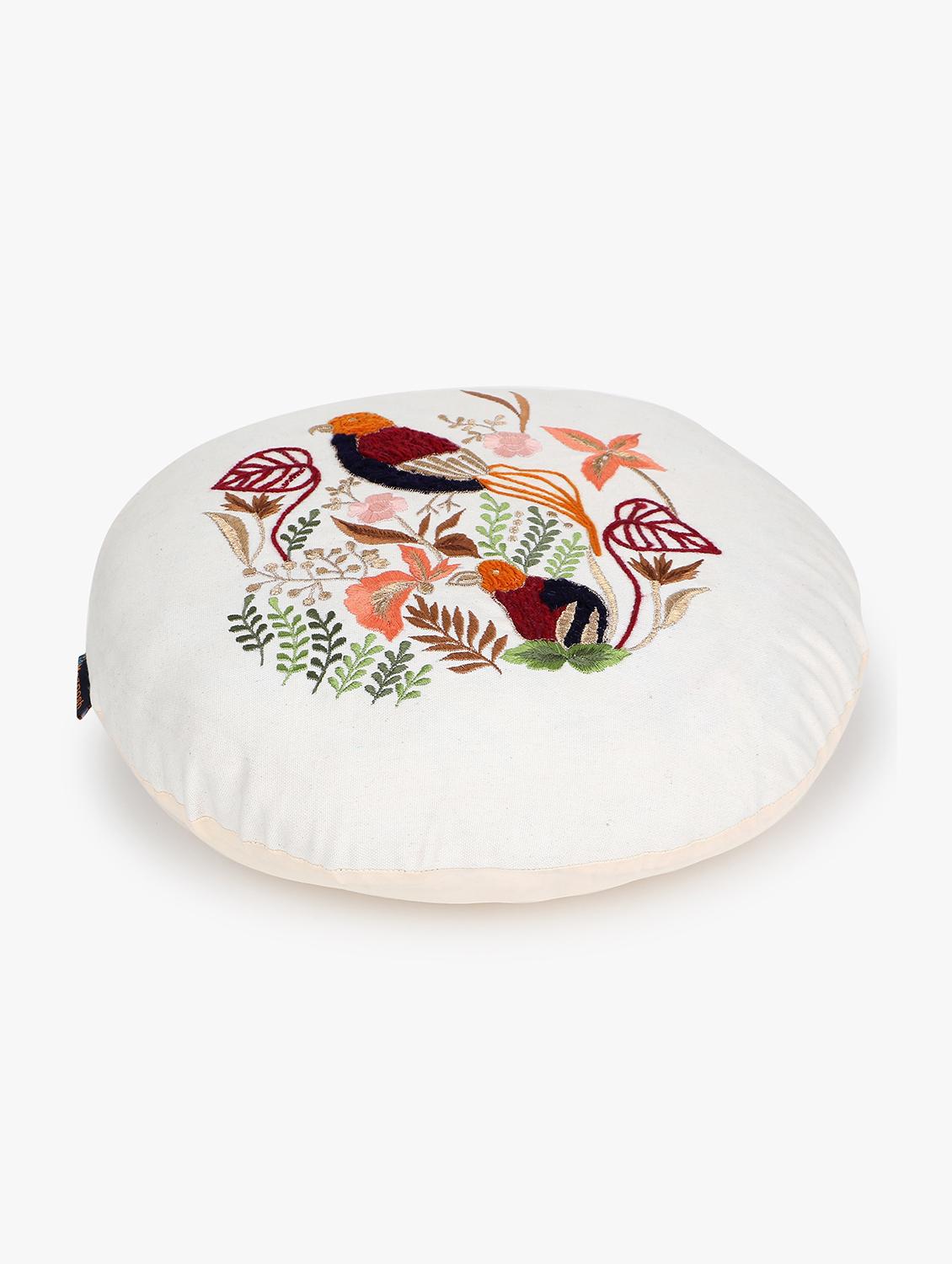 mezposh natural & multi quirky embroidered cotton canvas cushion cover (16 inch dia) - 21172661 -  Standard Image - 1