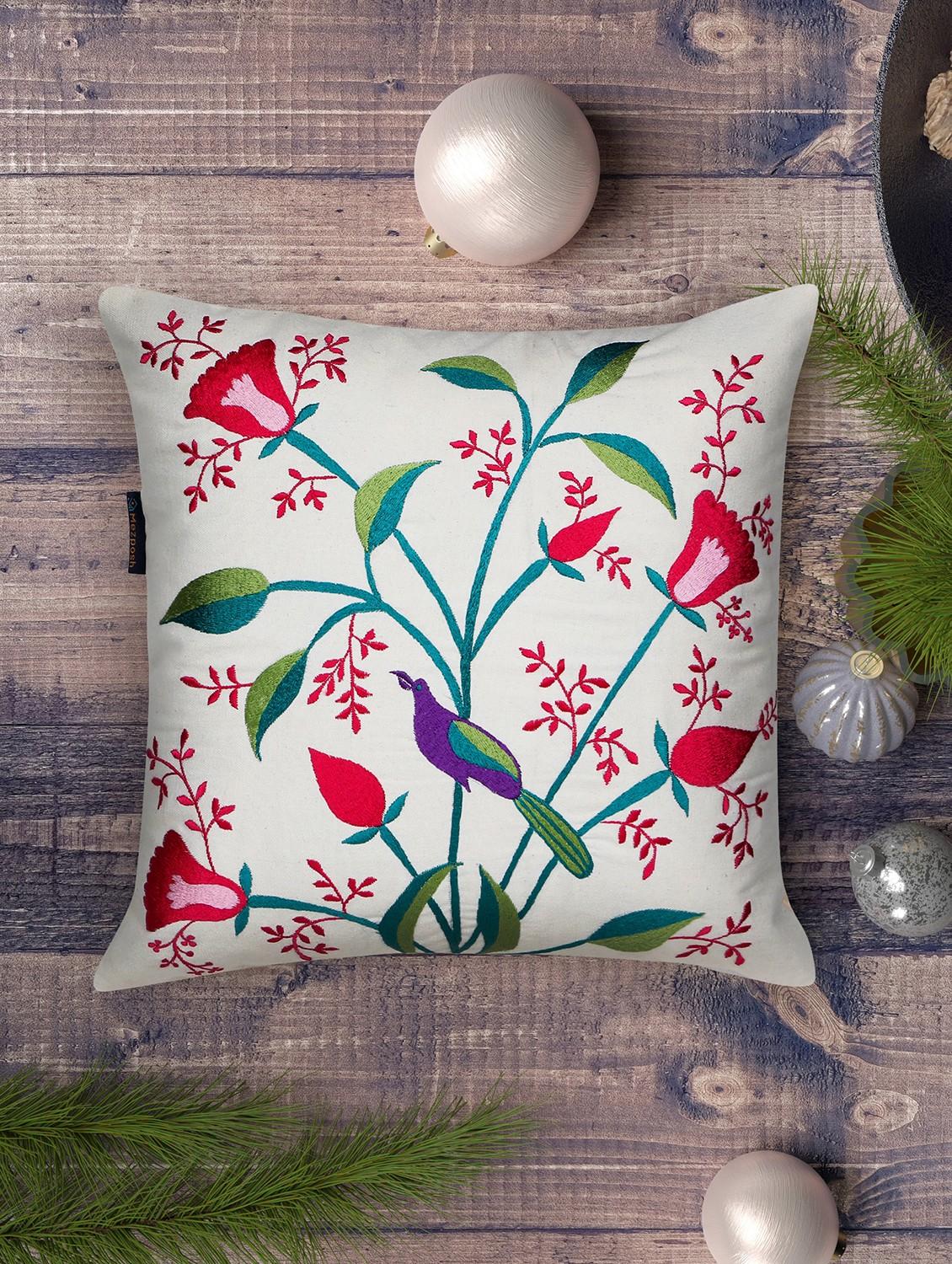 mezposh natural, pink & green quirky embroidered cotton canvas cushion cover (16"x16") - 21172662 -  Zoom Image - 0