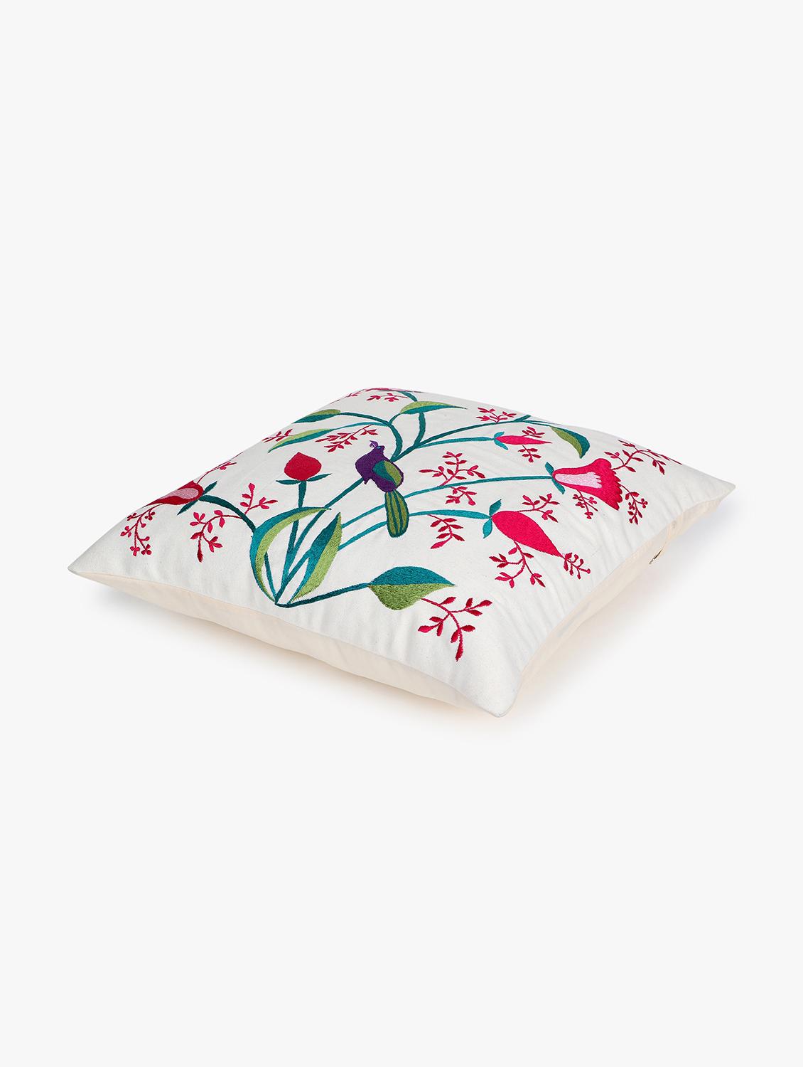 mezposh natural, pink & green quirky embroidered cotton canvas cushion cover (16"x16") - 21172662 -  Standard Image - 1