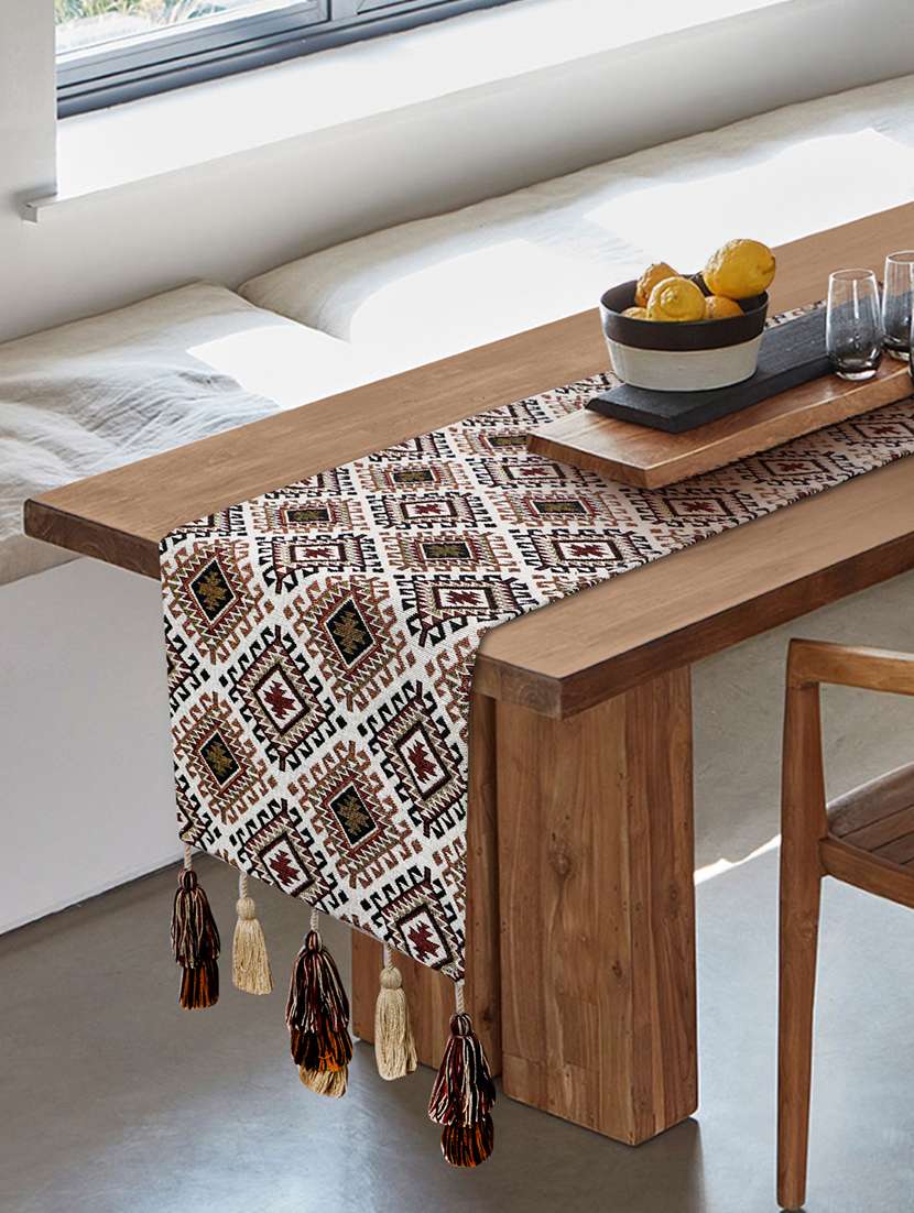 mezposh tribal beige, brown & multi ikat cotton jacquard table runner (6 seater)