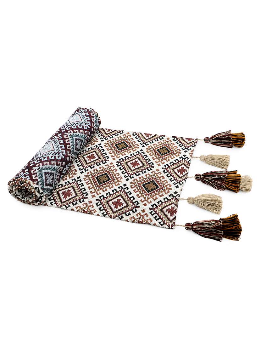 mezposh tribal beige, brown & multi ikat cotton jacquard table runner (6 seater) - 21172672 -  Standard Image - 1