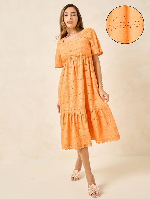 women orange schiffli tiered dress - 21174644 -  Standard Image - 0