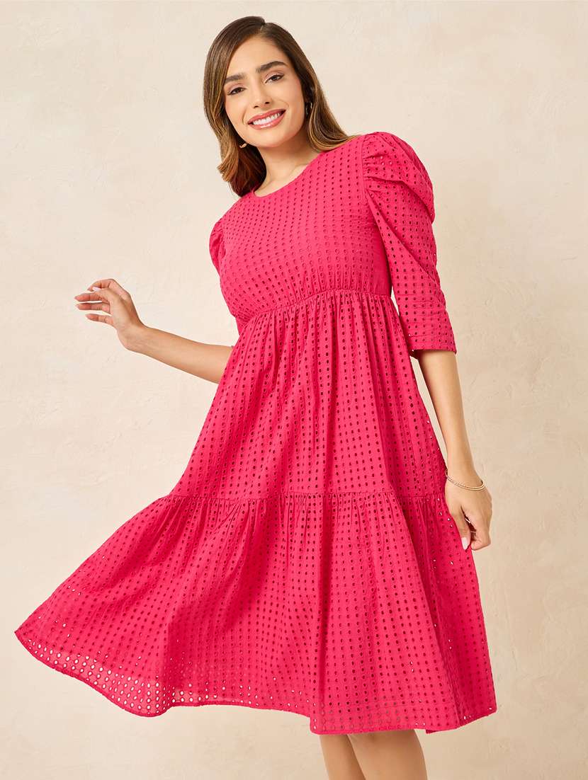women pink puff sleeve tiered dress