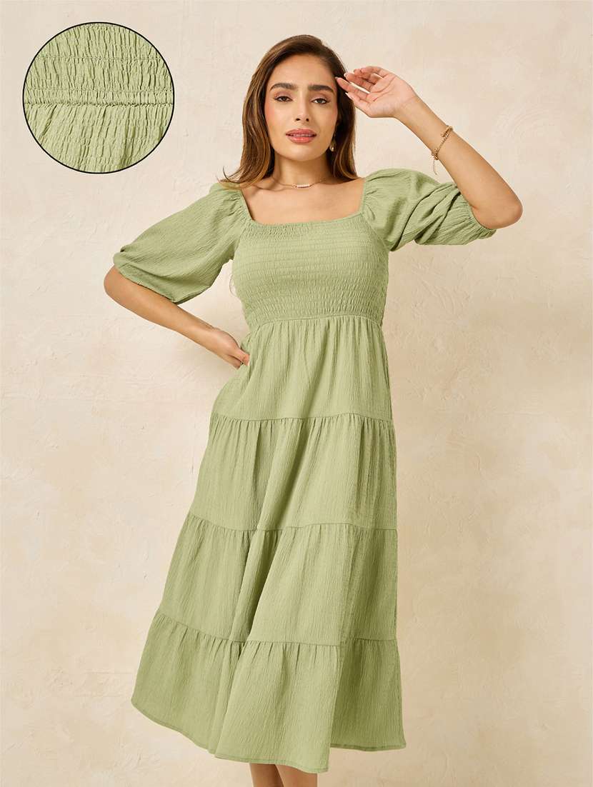 women green polyester tiered dress 