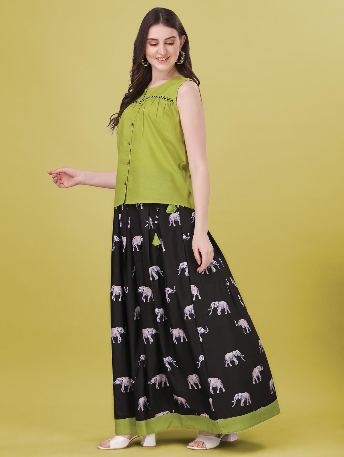 green printed cotton lehenga set - 21174832 - Standard Image - 1
