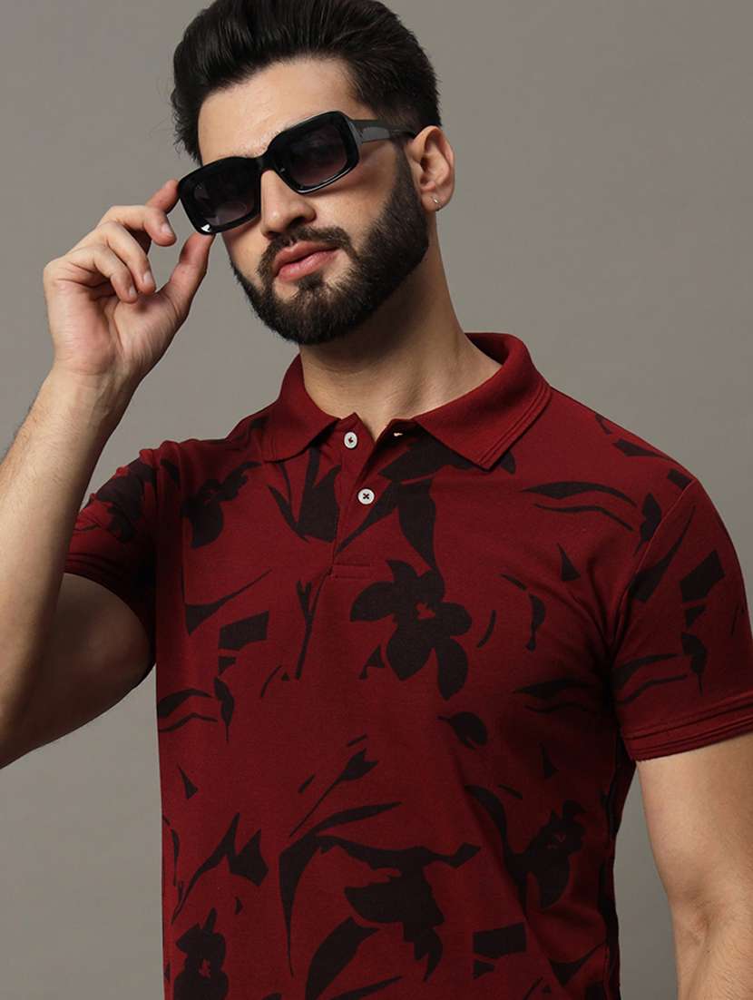 men maroon slim fit floral polo t-shirt - 21176158 -  Standard Image - 1
